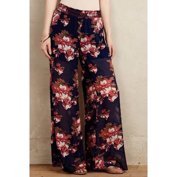Anthropologie Fire Lily Elevenses Women's Pants Smocked Palazzo Sheer Wide Leg M - Picture 3 of 5
